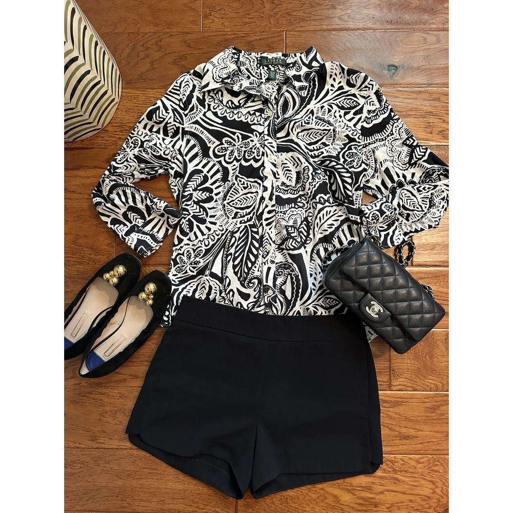 Lauren Ralph Lauren Medium Black White Floral Button Down Blouse 3/4 Sleeve